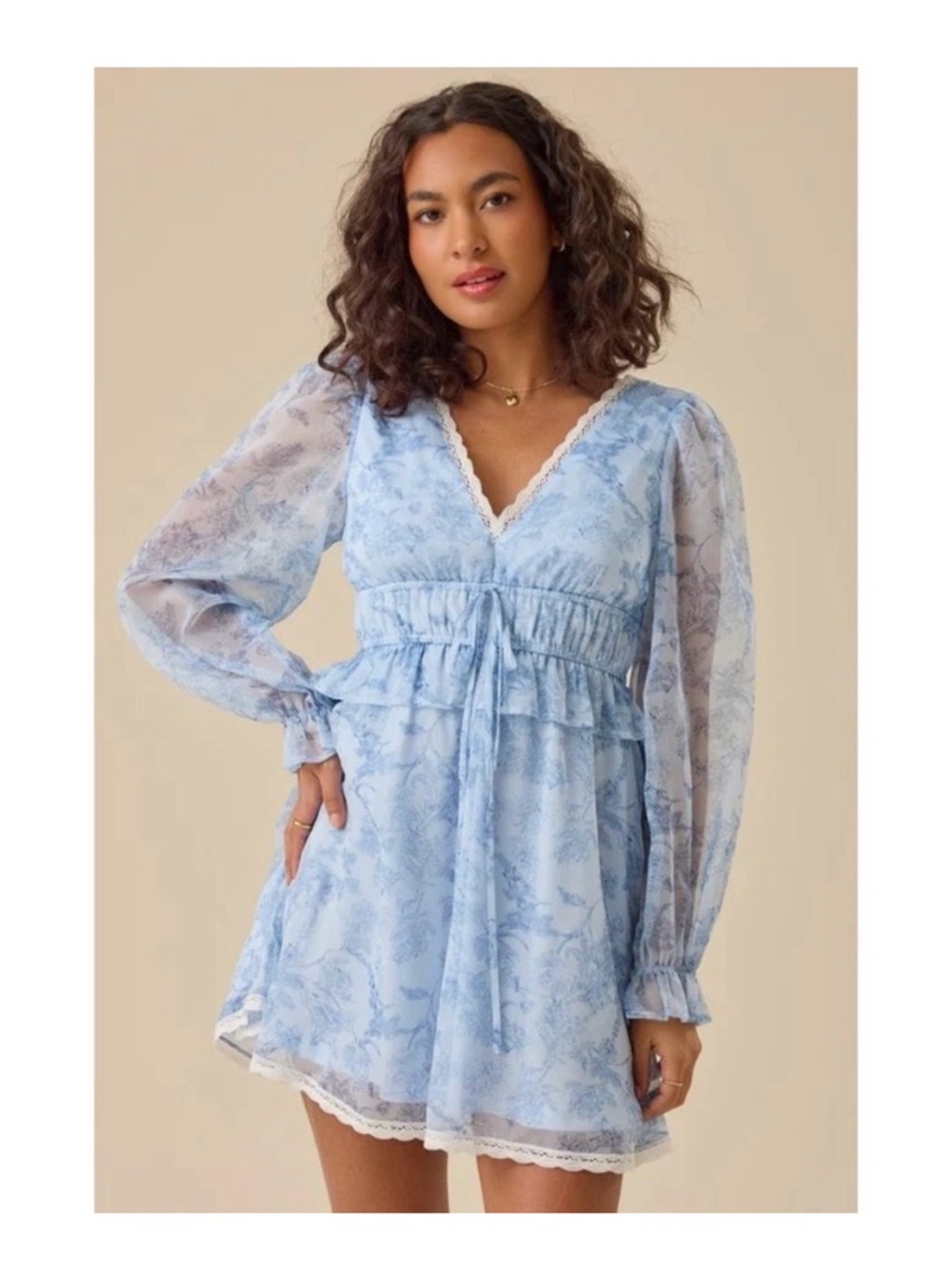 NWT Altar'd State Powder Blue Floral V-Neck Long Sleeve Mini Dress